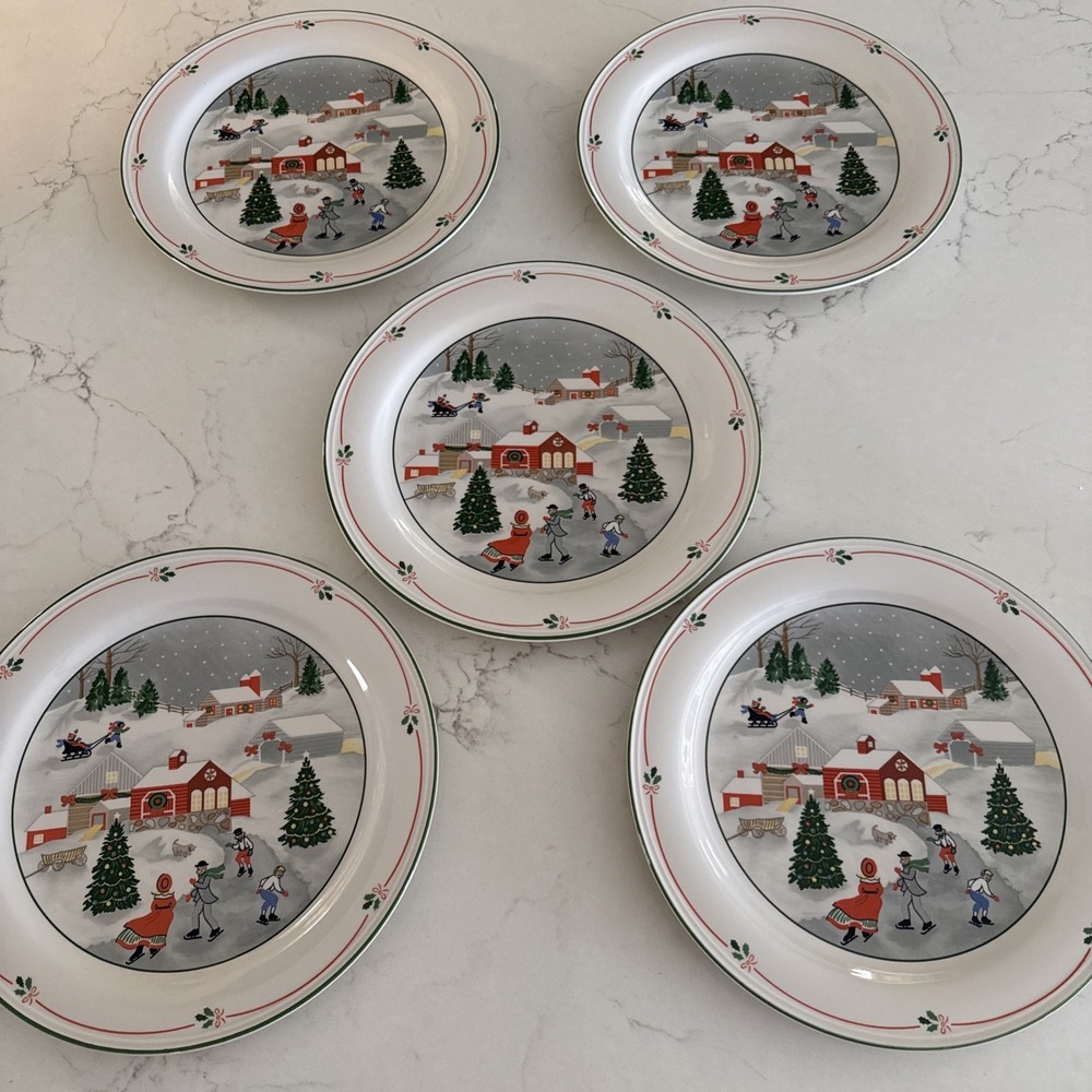 FIVE Vintage Sango Silent Night 10.75" Dinner Plates Joan Luntz Stoneware Winter